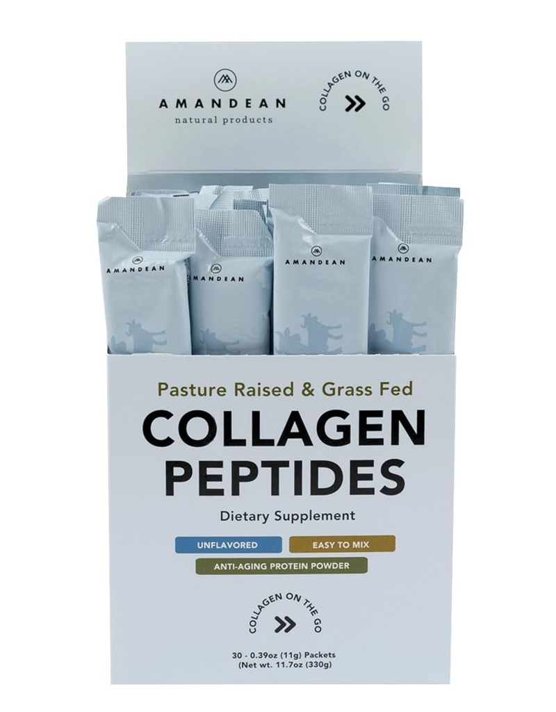AMANDEAN Collagen Peptide Pulver-Packets | 30 Individuelle Stick-Packs | Grass-Fed hydrolysierte Collagen Protein | Unflavored, einfach zu mischen | Travel Friendly | Fördert gesundes Gut, Haut, Haar, Nägel.