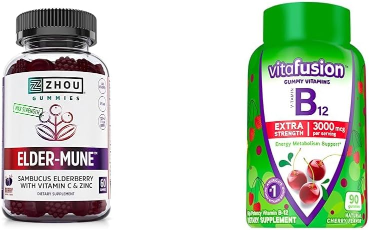 ZHOU Nutrition Elderberry Gummies Immununterstützung Bundle mit Vitafusion Vitamin B12 Gummies Energie Stoffwechselunterstützung, 60 und 90 Zähler