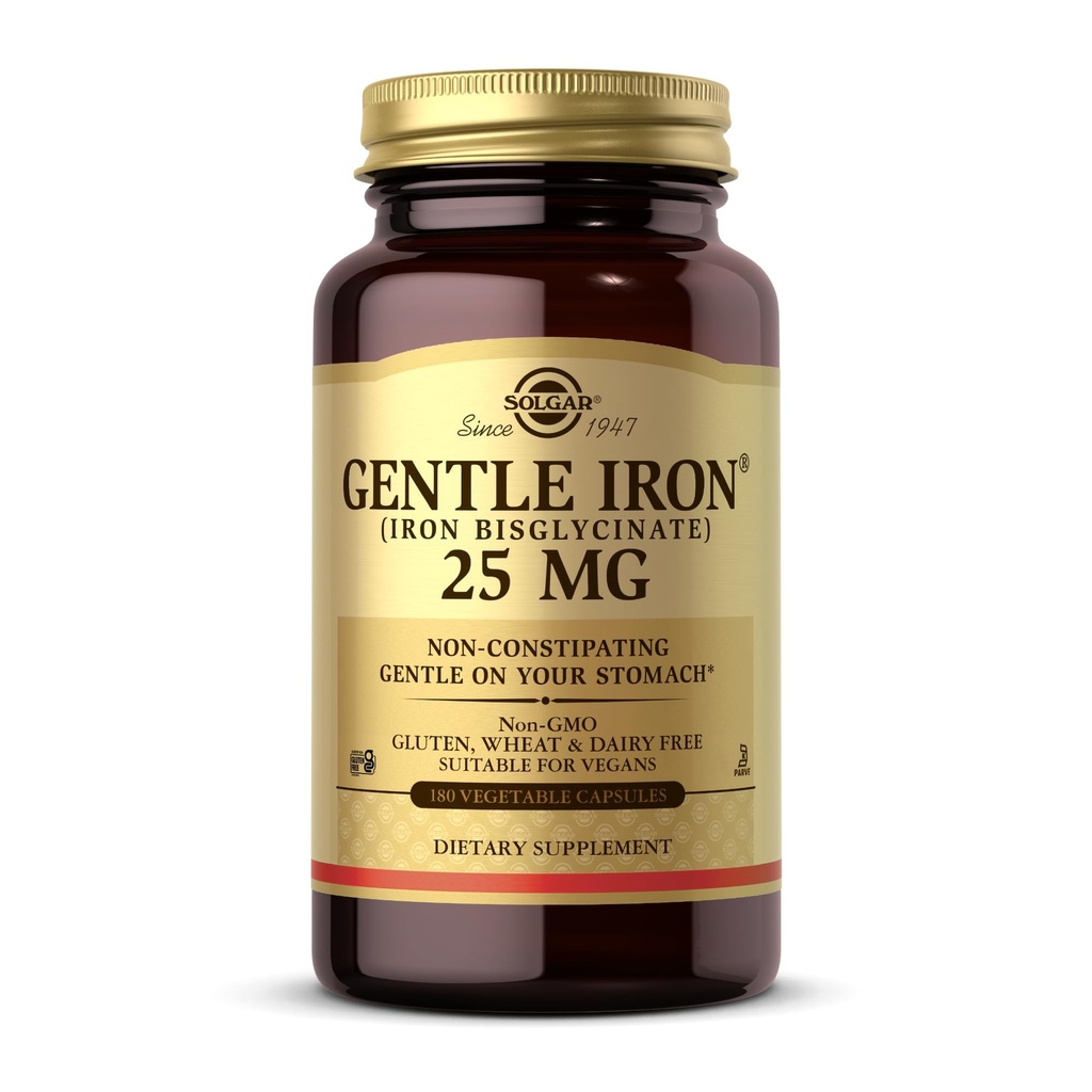 Solgar Gentle Iron (Iron Bisglycinat) 25 mg - 180 Gemüsekapseln - Non-Constipating, Gentle on Your Stomach - Non-GMO, Gluten Free - 180 Portionen