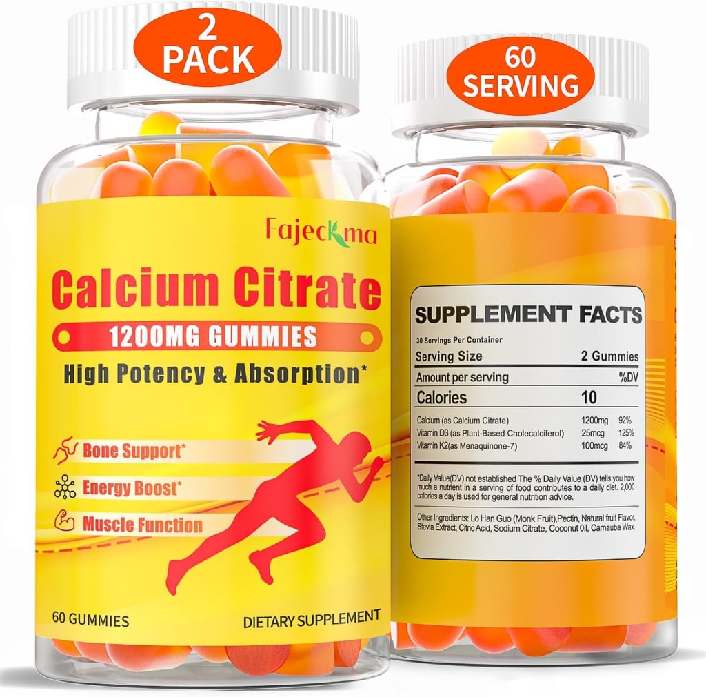 1200mg Calcium Citrate Gummi für Erwachsene: Zuckerfrei Vegan Vitamin Supplement mit D3 K2 - Frauen Männer hohe Absorption Ergänzung für Knochen Zähne (60 Count(Pack von 2))