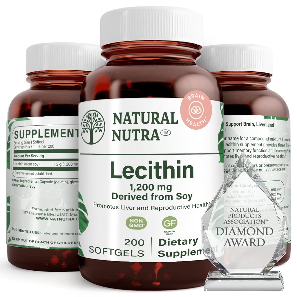 Natural Nutra Soy Lecithin 1200 mg Nahrungsergänzungsmittel - Gehirnfunktion, Lebergesundheit, Verbesserung der Procreant Gesundheit, Boosting Supplement - Glutenfrei, BPA-frei, 200 Softgele in recycelbaren Glasflaschen