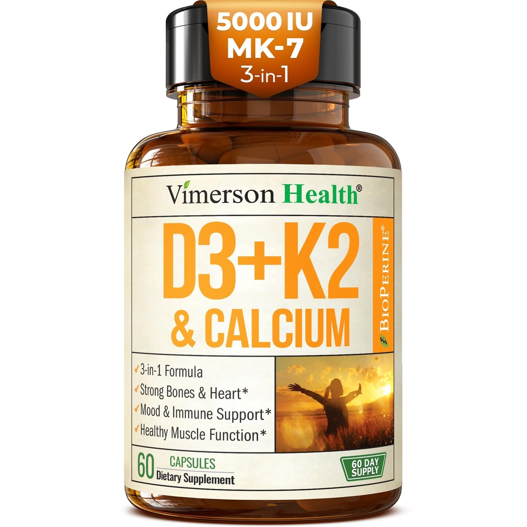 Vitamin D3 K2 Supplement – All-in-1 Unterstützung für Immun-, Knochen- und Herzgesundheit mit Vitamin D + Vitamin K (als MK7) – K2 D3 (5000 IE) Vitamin Supplement mit schwarzem Pfeffer zur maximalen Absorption, 60 Kapseln