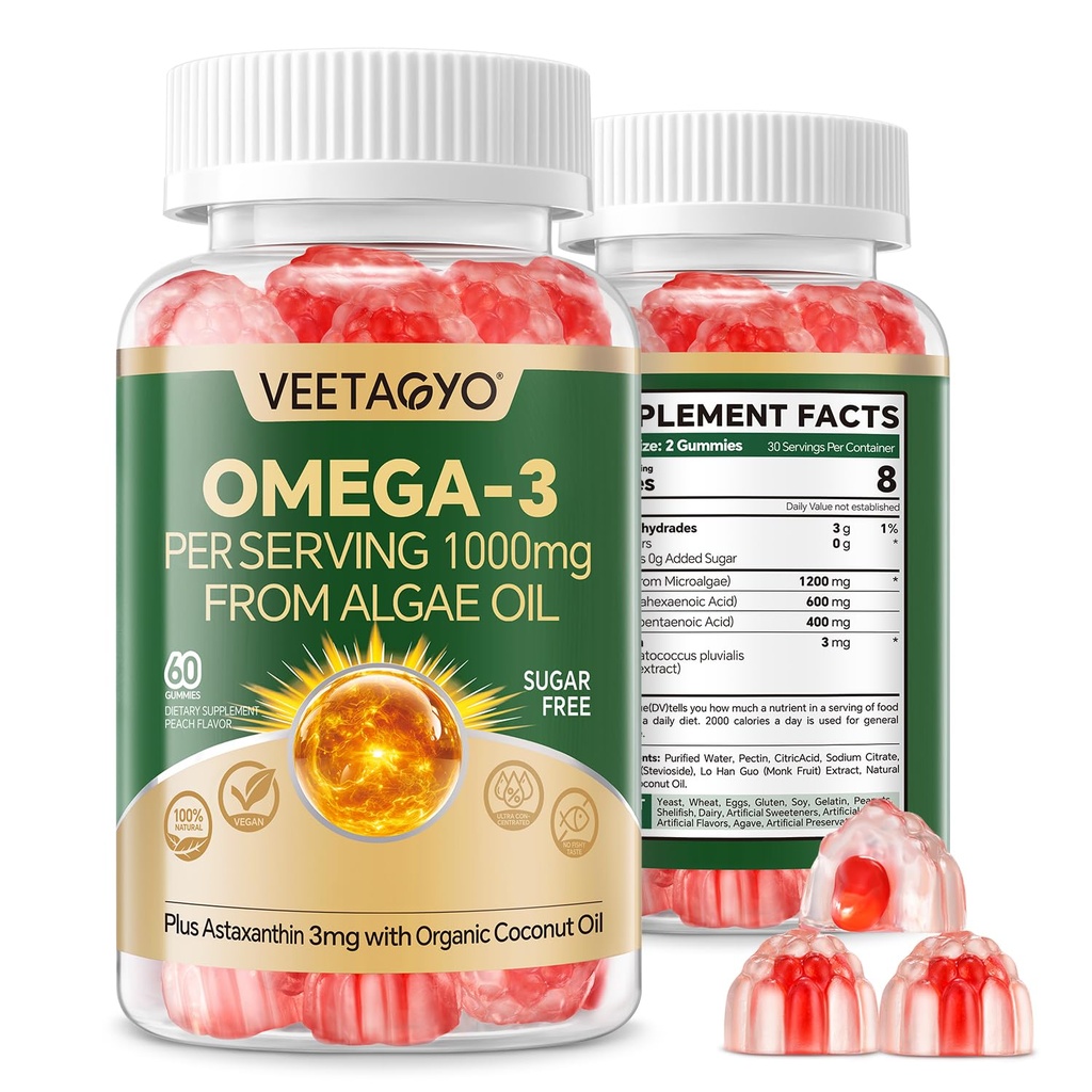 Vegan Omega 3 Gummie 1200mg - Dual Layer - Fish Oil Alternative, Marine Algae Omega 3 Supplement DHA 600mg, EPA 400mg mit Astaxanthin,Sugar Free,60 Cts