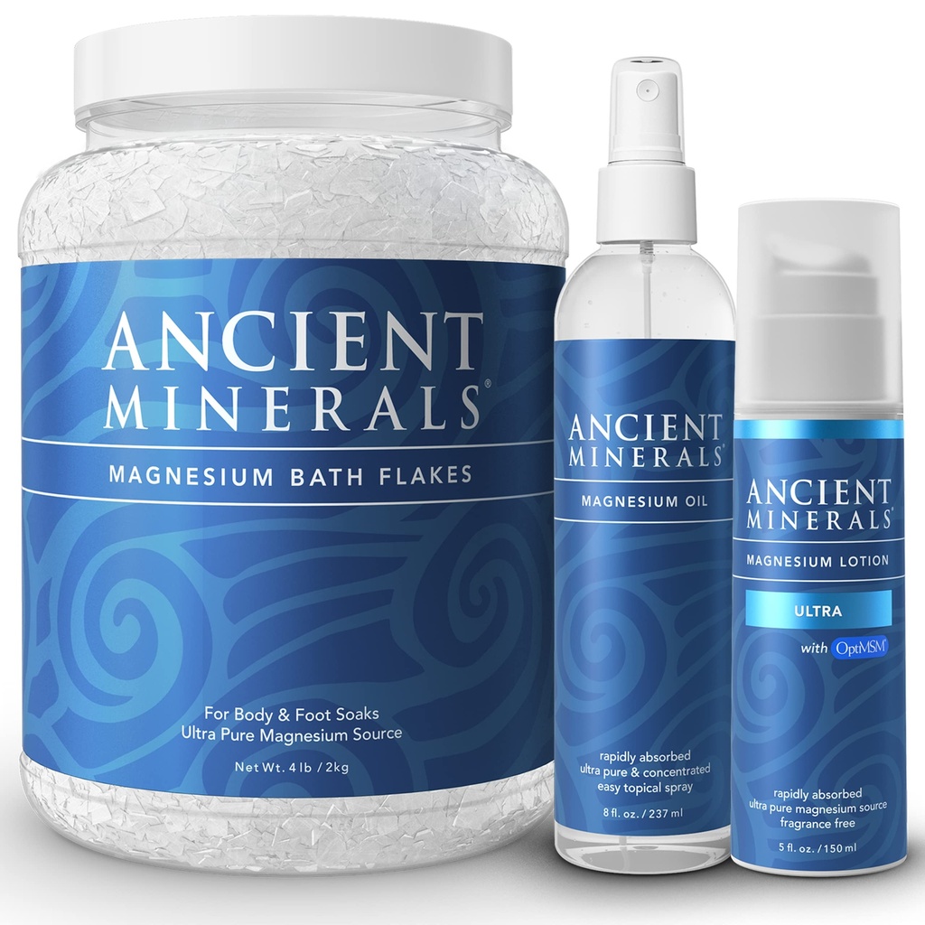 Ancient Minerals Flakes de bain de magnésium - Spray d'huile de magnésium et Lotion Ultra avec MSM - Haute efficacité d'absorption pour la relaxation, le bien-être et le soulagement musculaire