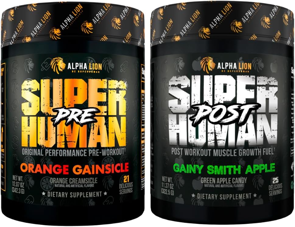 ALPHA LION Pré-entraînement surhumain Poudre et post-entraînement Recovery Bundle, énergie soutenue et focus + croissance musculaire maigre, force et volume (Hulk Juice & Gainy Smith Apple)