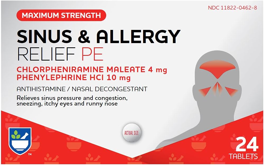 Rite Aid Sinus & Allergie Relief PE Comprimés, la force maximale- 24 Comte de l'antihistaminique et des désodorisants nasaux