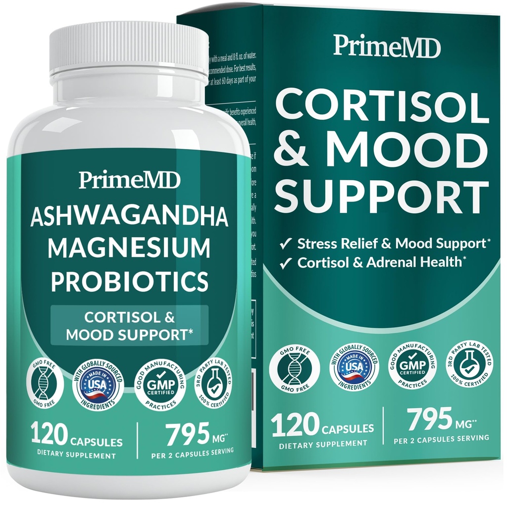 5-in-1 Cortisol Ergänzung für Frauen und Männer mit Ashwagandha für Beruhigung, Fokus und Adrenal Support Ergänzungen mit Shilajit Extract, Magnesium Glycinate, Probiotics (120 ct) (Pack von 1)