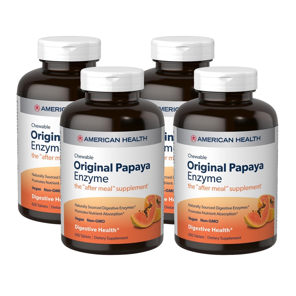American Health Original Papaya Enzyme - 600 Chewable Tablets, Paket von 4 - The After-Meal Supplement - Non-GMO, Vegan - 800 Total Servings