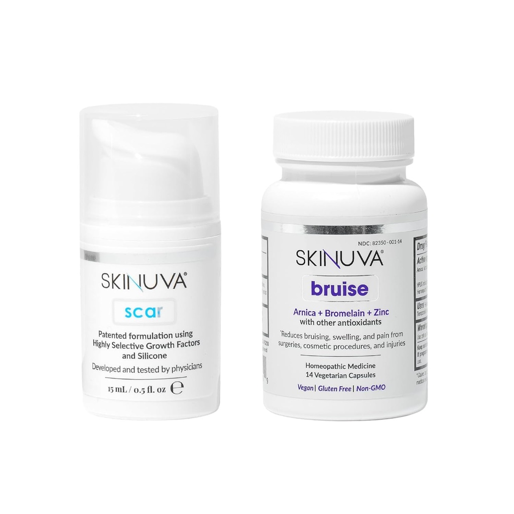 Skinuva® Scar (0,5 oz) & Bruise (14 Kapseln) - Erweiterte Silikoncreme mit Wachstumsfaktoren & Homöopathic Bruise Remedy Formuliert mit Arnica, Bromelain & Zink