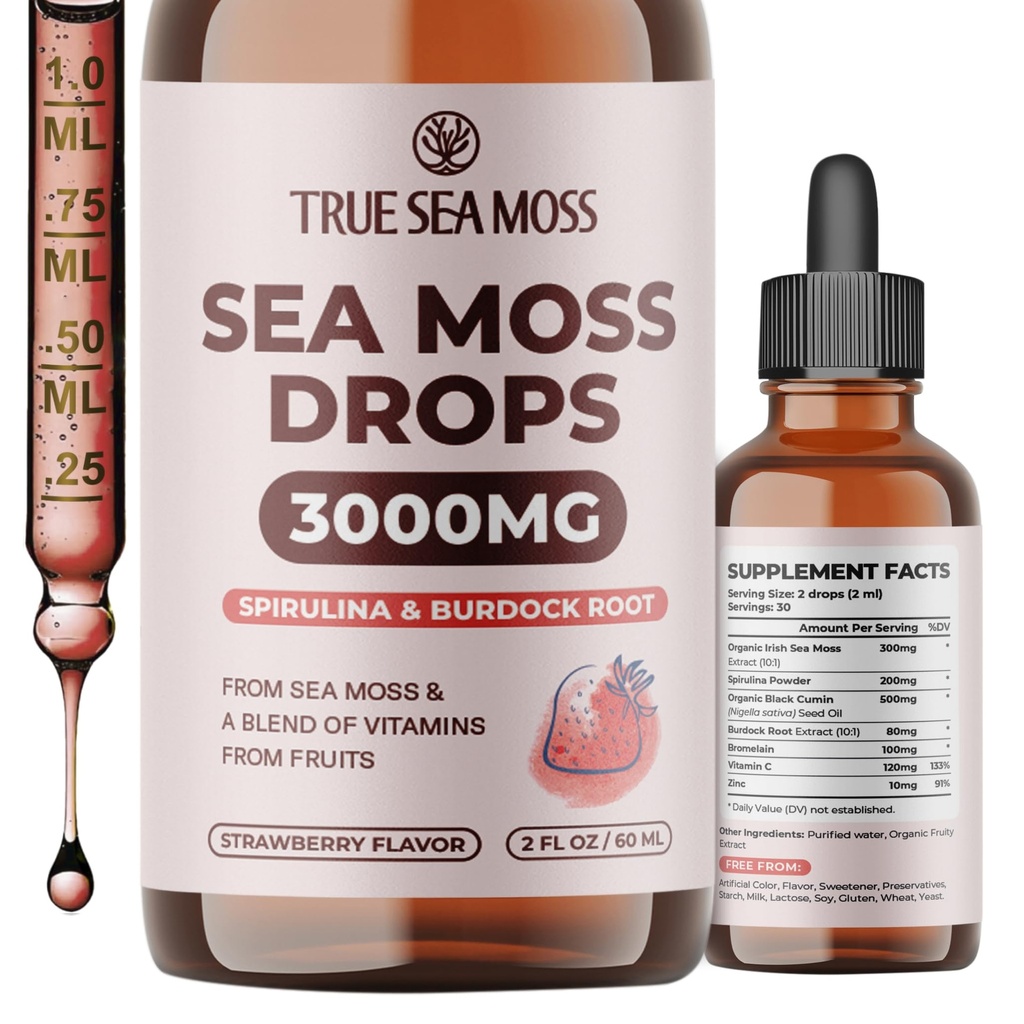 TrueSeaMoss Irish Sea Moss Drops - 5X Stronger Than Sea Moss Gel - 92+ Essentials Minerals - mit Spirulina Pulver, Burdock Root & Black Cumin - 2 Fl Oz (60ml) - Erdbeeren Flavor