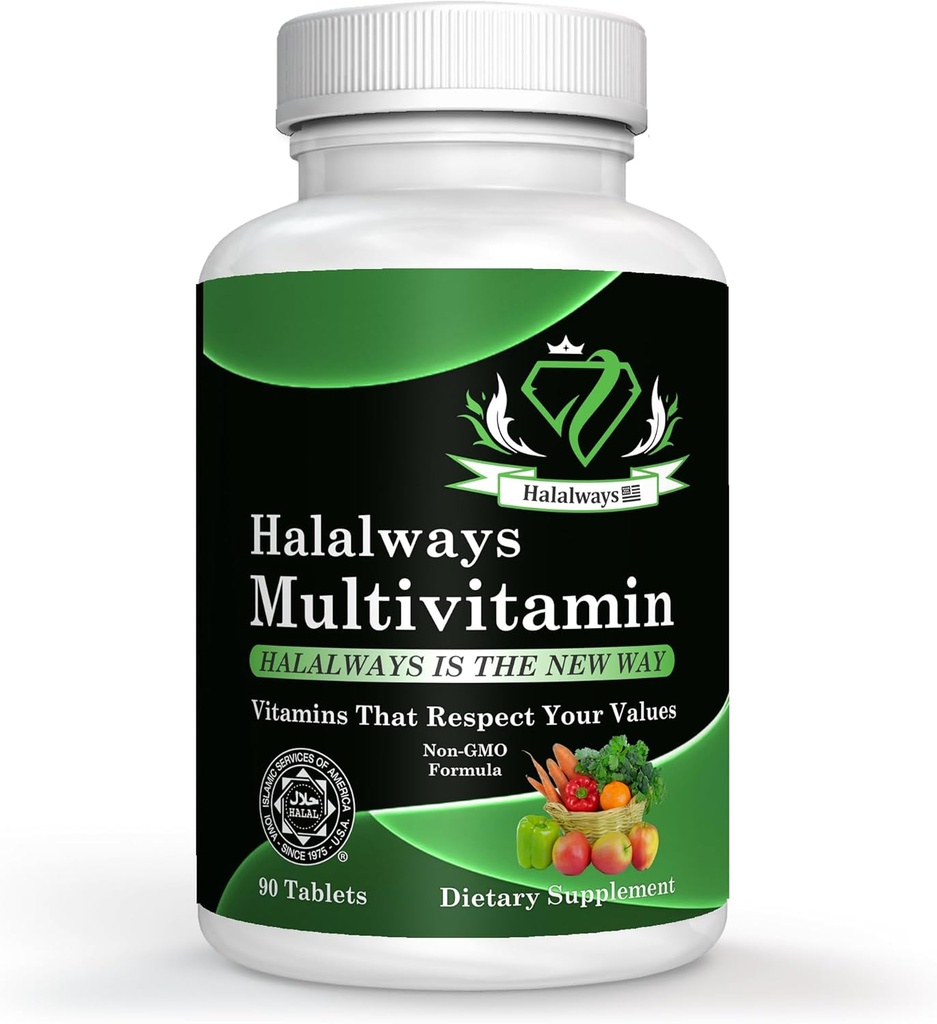 Halalways Multivitamin Certified Halal Multivitamin, Supplement Tablet with Vitamin A, Vitamin C, Vitamin D, Vitamin E and Zinc for Immune Health Support, B12, Calcium & More