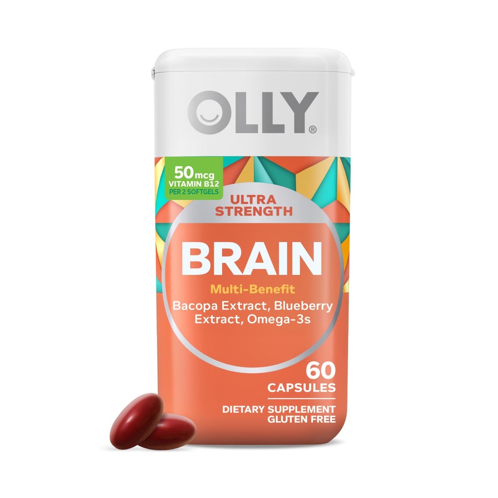 OLLY Ultra Strength Crain Softgels, Nootropic, soutient la fonction cérébrale saine, la mémoire, le focus et la concentration, Oméga-3s, vitamines B6 et B12, 30 jours d'approvisionnement - 60 comtes