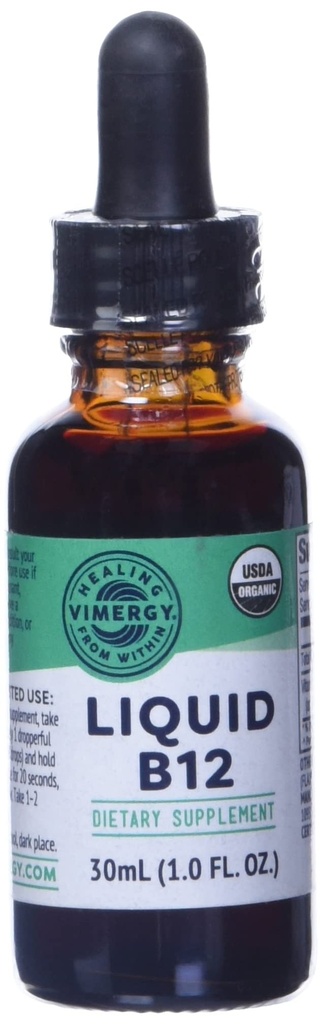 Vimergy Organic Liquid Vitamine B12 Supplément 2500 mcg, méthylcobalamine et adénosylcobalamine Fast-Absorbing Energy Support USDA Organic, Vegan, Non-OGM B12 Vitamines pour les femmes et les hommes 30 portions (30 ml)