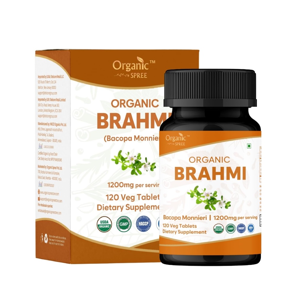 Brahmi 120 Tabletten – USDA Organic Bacopa Monnieri Supplement – Unterstützt Fokus, ruhig &amp; Gedächtnis – Herbal Nootropic*