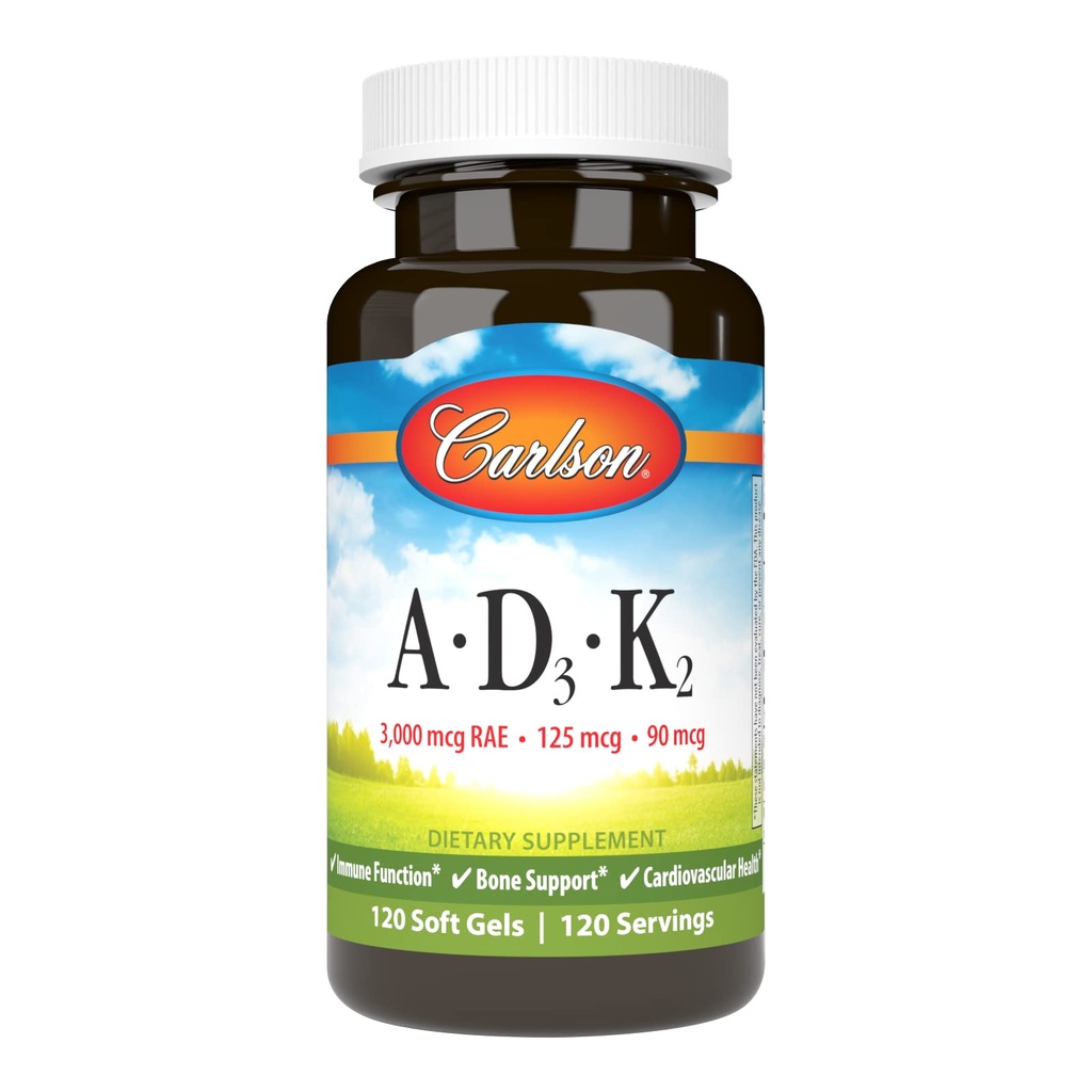 Carlson - Vitamine A, D3, K2, 3000 mcg RAE Vitamin A, 125 mcg Vitamin D3, 90 mcg Vitamin K2 als MK-7, Bone Building, Calcium Utilization, 120 Weichgel