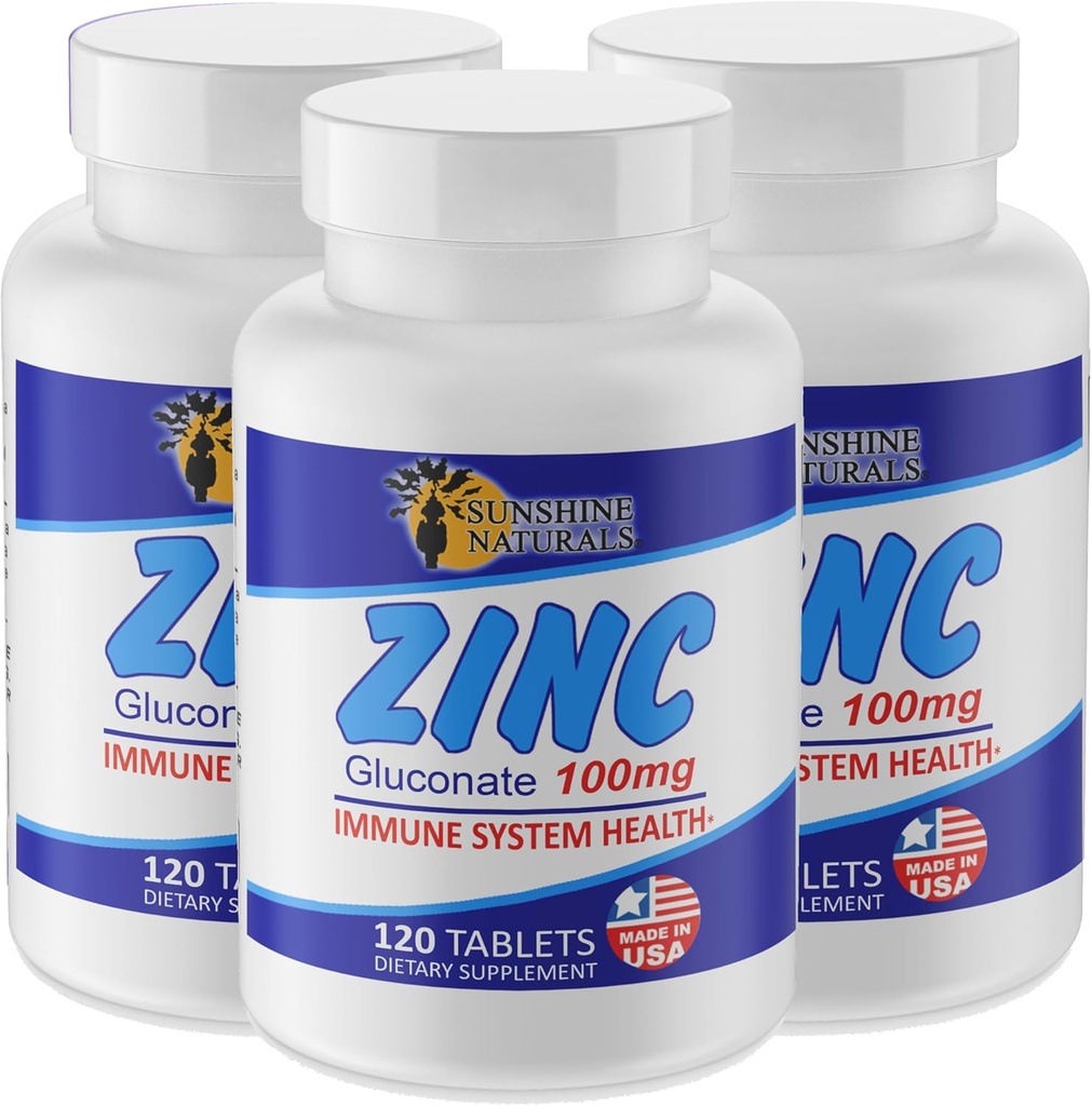 Sunshine Naturals Zink Gluconate Mineral Supplement – Unterstützt Immunsystem, fördert Wundheilung, verbessert die Hautgesundheit, liefert Antioxidans Verteidigung – 100mg, 120 Tabletten, Hohe Potenz