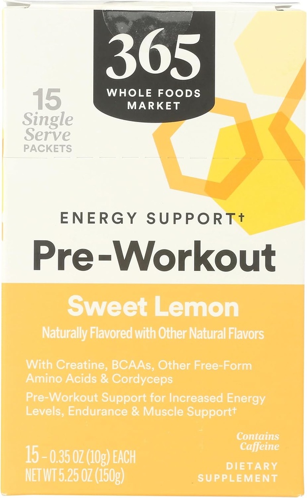 365 par le marché des aliments entiers, support énergétique pré-entraînement avec caféine, packs mono-serves, citron doux, 15 comtes