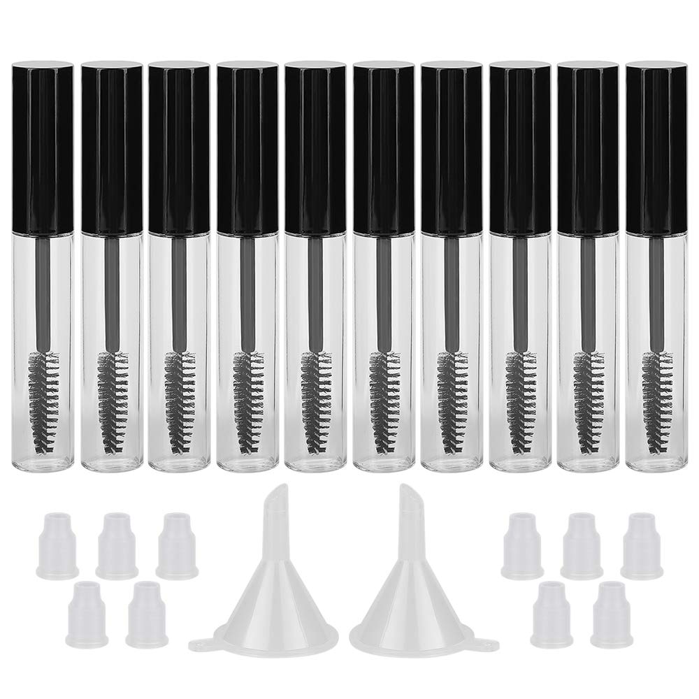 GTHER 10PCS 10ML Leere Mascara Tube Bottle mit Wimpern Wand, Gummieinsätze & Funnels Set für Rizinusöl / Wachsöl, DIY Cream Container mit Kappe, Schwarz