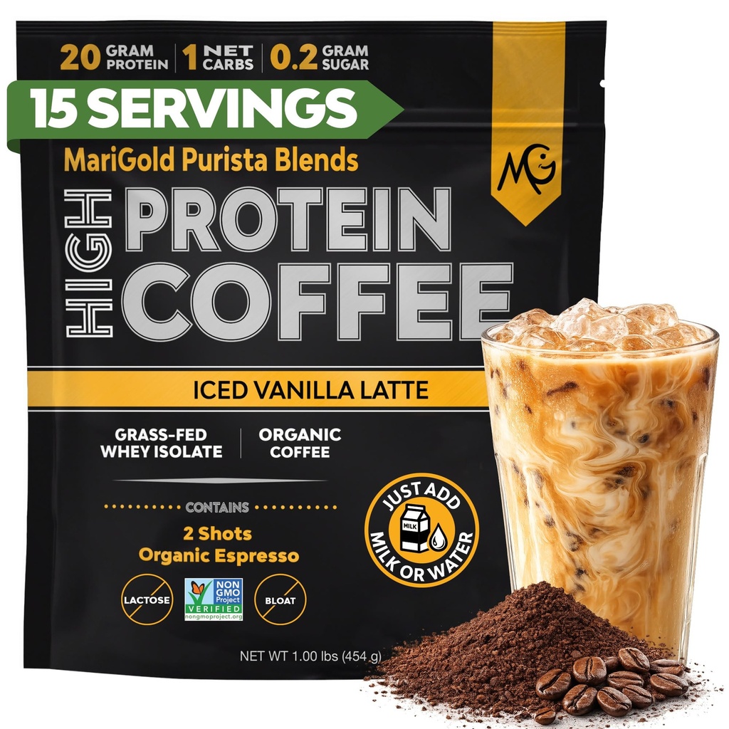 MariGold High Protein Coffee - Iced Vanilla Latte, 20g Gras-Fed Whey Protein Isolate, Energy & Workout Boost, 2 Schüsse Bio Espresso, Non-GMO, 1 Net Carb, 1 Lb Bag, 15 Servierungen
