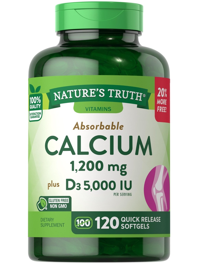 Nature's Truth Calcium 1200 mg Plus Vitamin D3 5000 IU Nahrungsergänzungsmittel, 120 Count (Pack von 3)