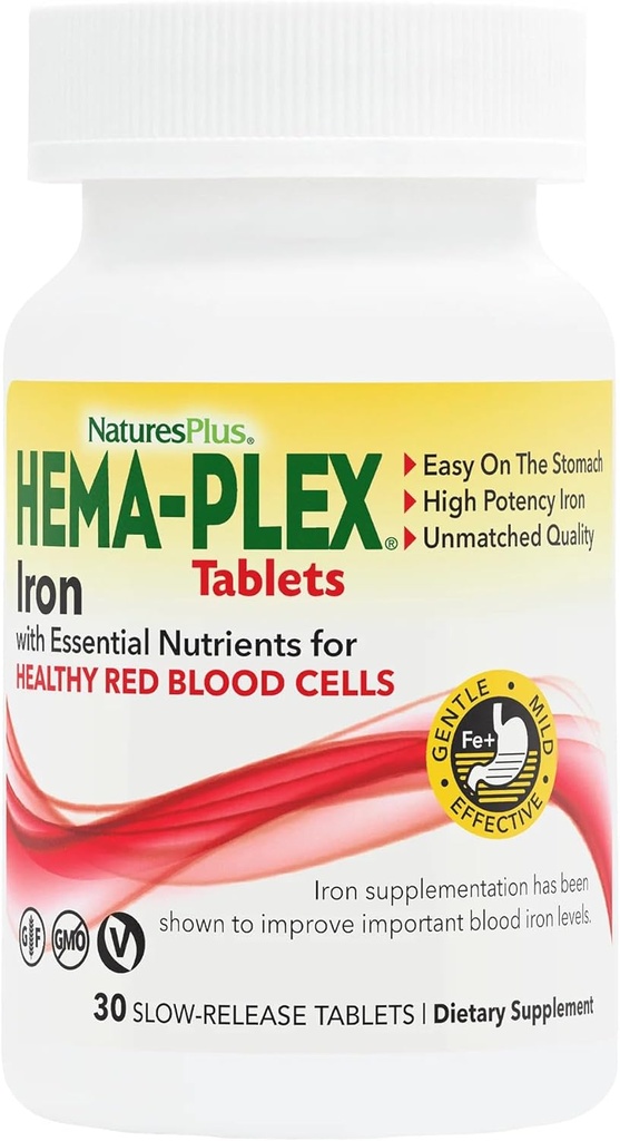 NaturesPlus Hema-Plex Iron - 30 Slow-Release Tabletten - 85 mg Chelat Iron - Total Blood Health - mit Vitamin C & Bioflavonoids - Non GMO, Vegetarisch & Glutenfrei - 30 Servierungen