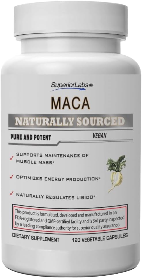 Superior Labs - Organische peruanischen Maca - 100% reines NonGMO - Nahrungsergänzungsmittel zur Berechnung und Relaxation - Zero Synthetic Additives, Stearates, Dioxide - 750mg, 120 pflanzliche Kapseln