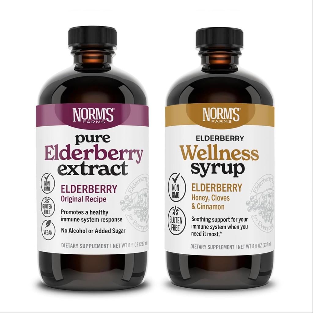 Norm's Farms Elderberry Extract & Wellness Sirup Bundle 2 PK - Immune Support Sirup Elderberry pour enfants et adultes - Fabriqué aux États-Unis, Pure, Potent, Ingrédients naturels, Vegan, Sans gluten, Non-OGM - 8 Oz