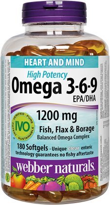 Webber Naturals Omega 3-6-9 Hohe Potenz 1200 mg · Fisch, Flax & Borage, 180 Softgel