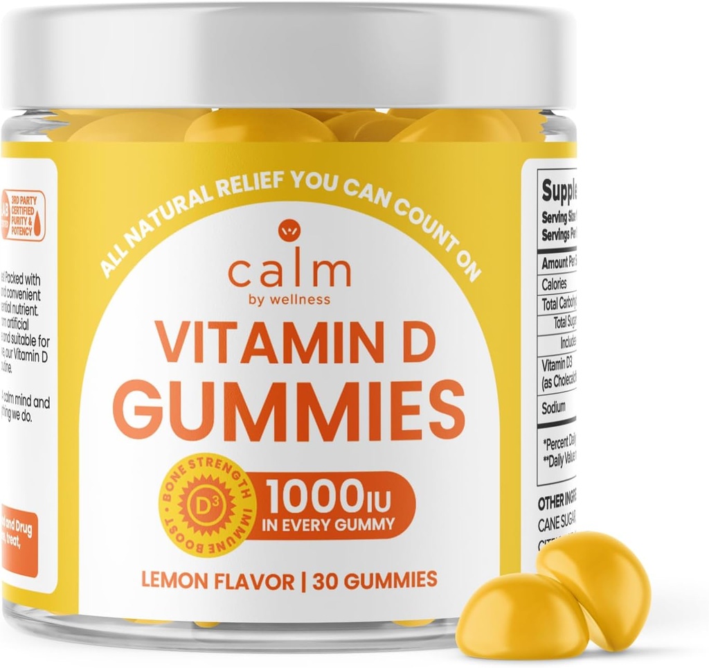 Beruhigt von Wellness Vitamin D Gummi für Erwachsene, Vitamin D3 Gummy, Vitamine für Knochen und Immunsystem Unterstützung, Zitronengeschmack, 30 Count