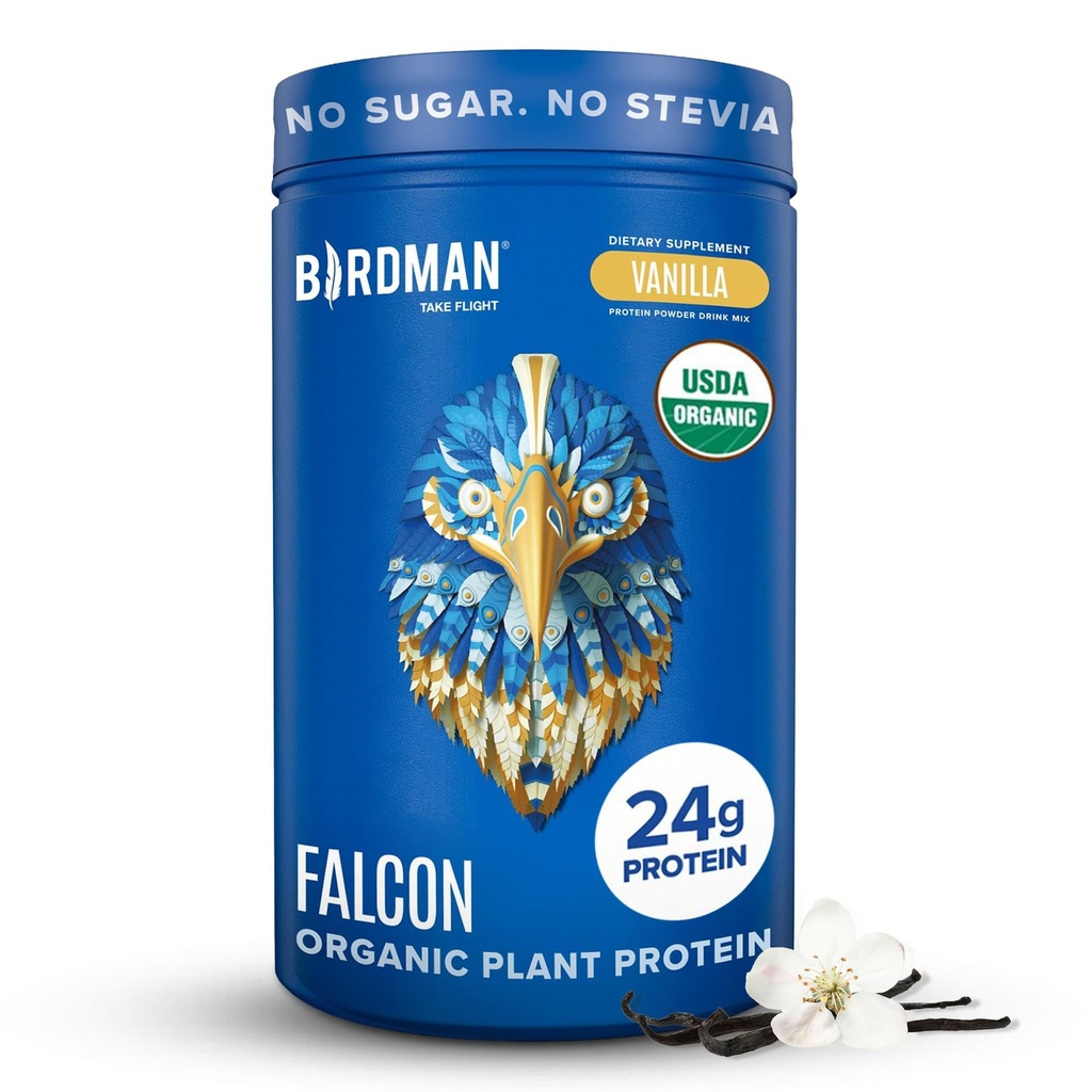 Faucon BIRDMAN en poudre de protéines végétales biologiques Vanille, 24g de protéines, sans sucre, probiotiques, faible teneur en glucides, céto, sans produits laitiers, sans lactose, sans lactosérum, à base végétale en poudre de protéines de pois - 18 portions