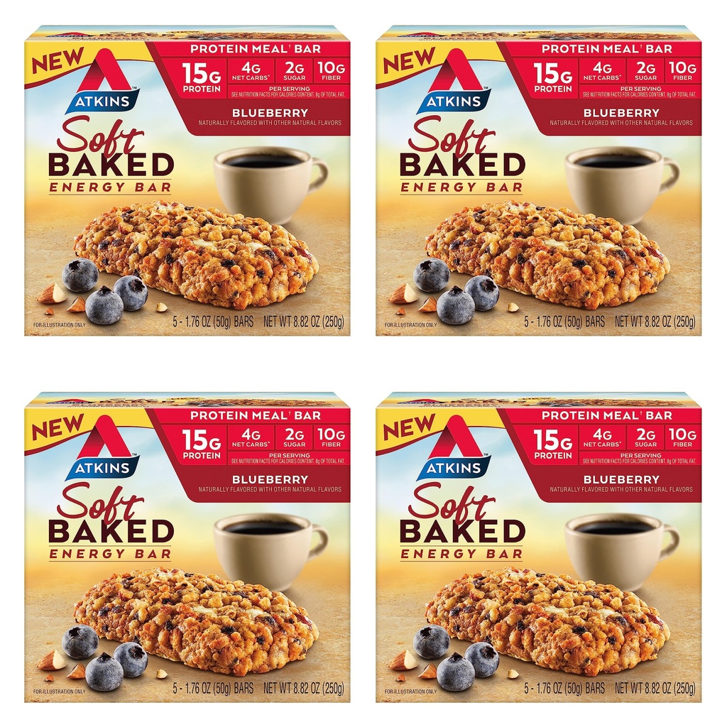 Atkins Blueberry Flavored Soft Baked Energy Bars, High in Protein Snack Bar, Low Sugar, High Fiber Snack, Protein Snack, 4 Packungen (je 4 Bars)