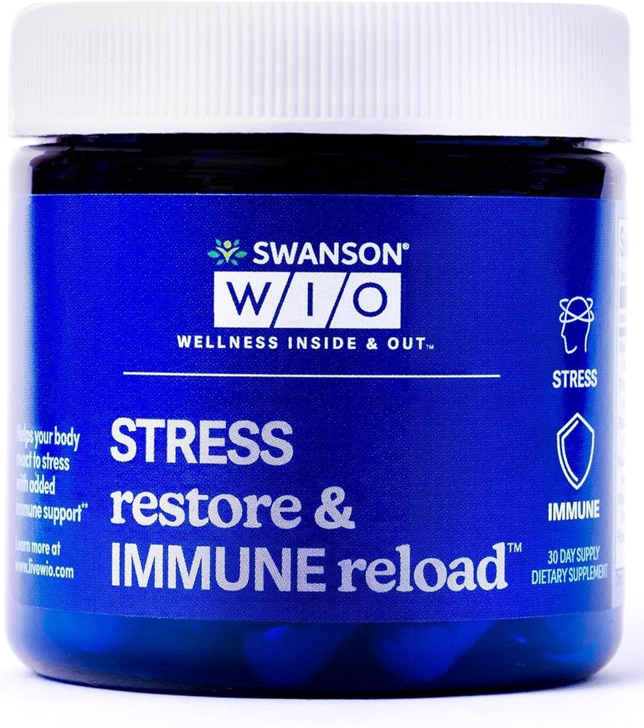 Swanson WIO Stress Restore & Immune Reload Stress Support, Immune Defense, B Vitamins, Vitamin C, Biotin, PABA, Wellness, Immune Health - 4 oz Bottle, 30 Capsules (30-Day Supply)