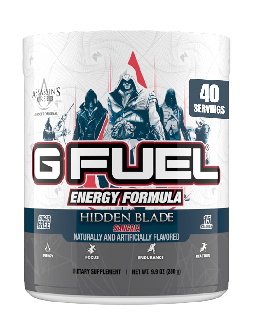 G Combustible Assassin's Creed Hidden Blade Energy Drink Poudre, Pré-entraînement Mélange de caféine pour le jeu, sans sucre Focus Amino, Vitamine + Antioxydants, 9.9oz (Sangria, 40 portions)