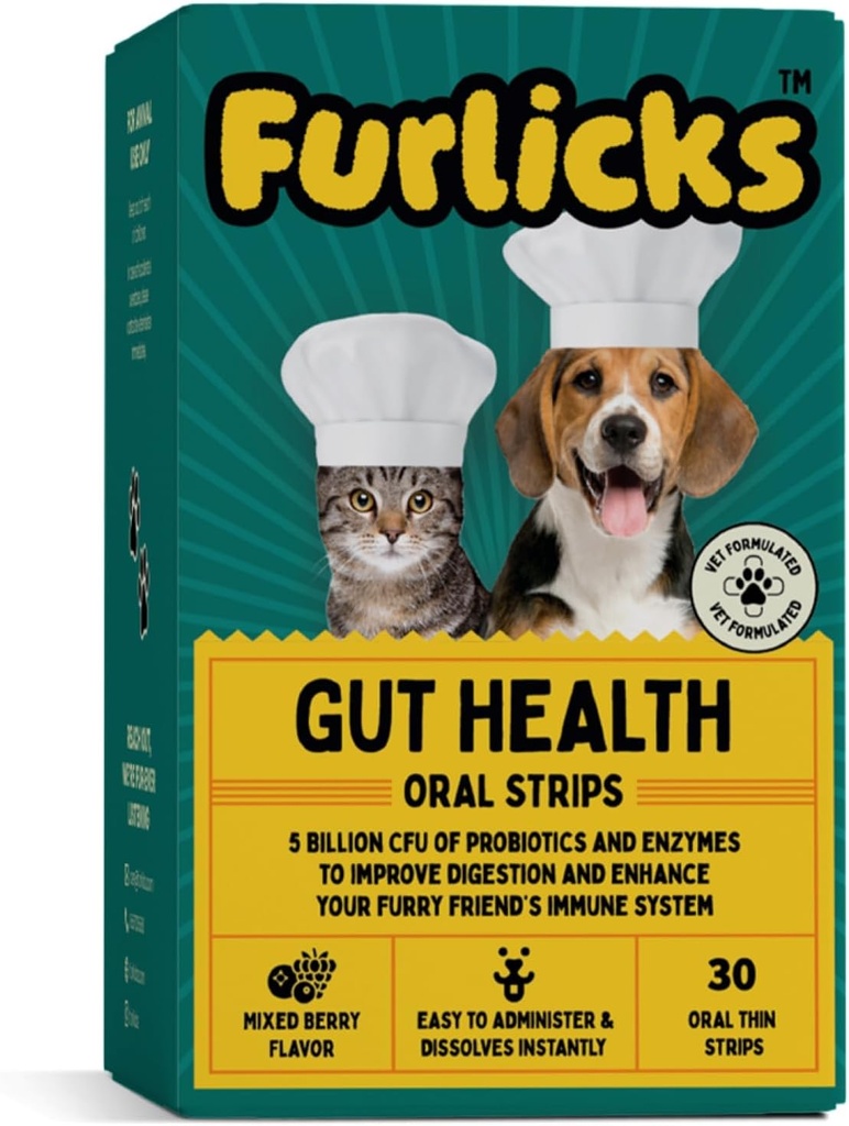 Furlicks Gut Health Supplement für Hunde & Katzen | Probiotics, Protease, Lipase für verbesserte Verdauung, Enhanced Immunity, Healthy Gut Flora & Diarrhea & Bowel Support (30 Oral Dissolving Strips)
