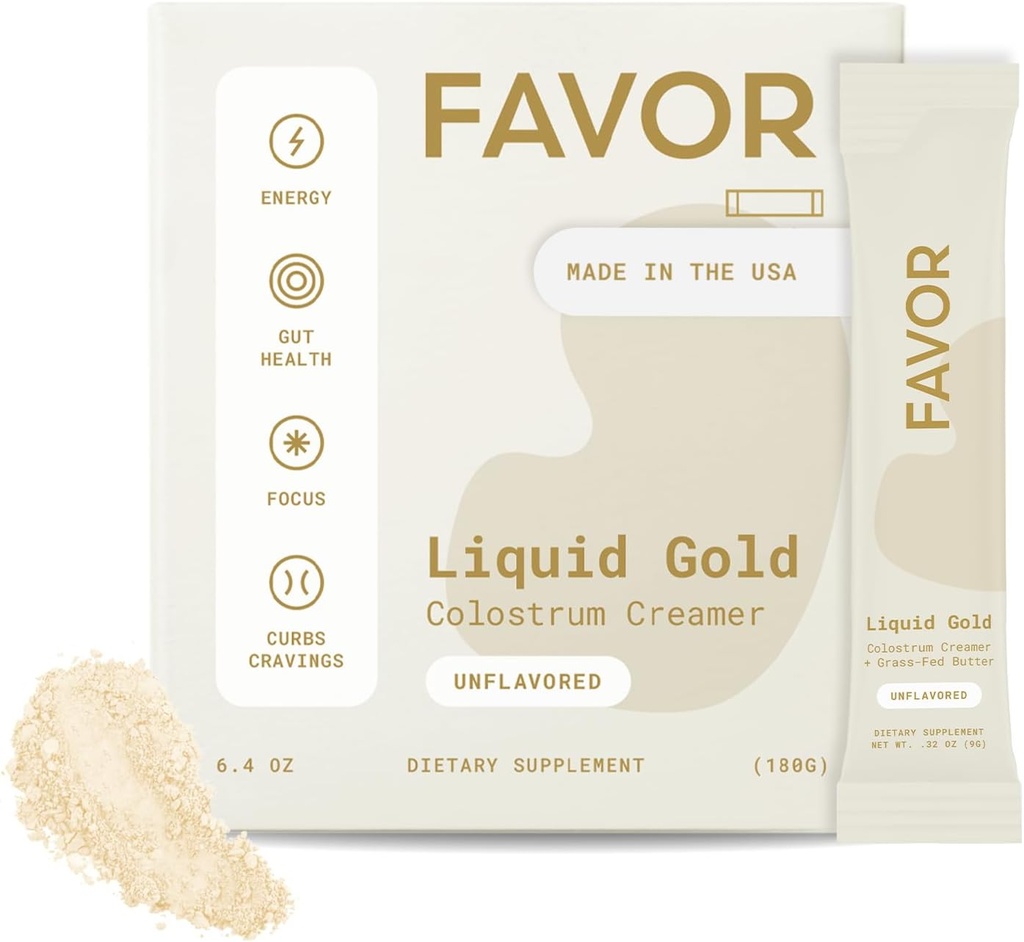 FAVOR Bovine Colostrum Creamer | Gras Fed Cows | Pulver-Packets für Kaffee | MCT Öl | Liquid Gold ganz Colostrum | Keto Friendly Superfood | Hergestellt mit Butter | Concious Human Health [Unflavored]