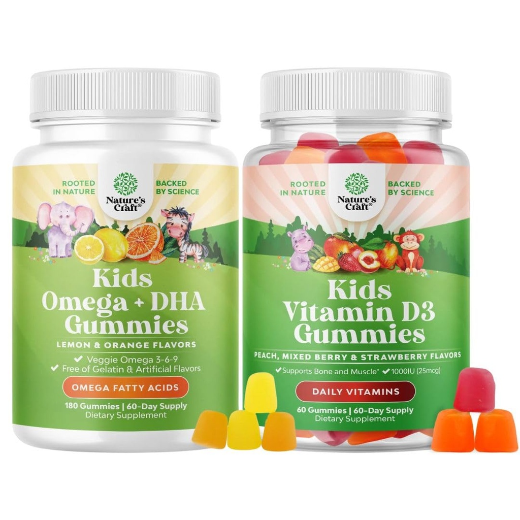 Bundle von Omega DHA Gummis für Kinder - Fettsäuren Omega 3 6 9 - Vitamin C für Gehirn, Immunität & Vision und Vitamin D Gummi für Kinder - 1000 IU pro Servieren - Immununterstützung Muskel Zähne & Knochen Gesundheit