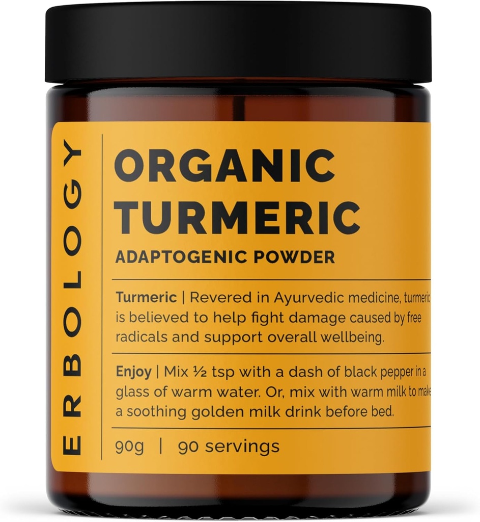 Erbologie Organic Turmeric Powder 3.2 oz - 90 Servierungen - 5,5% Curcumin - Keine Zusatzstoffe oder Konservierungsstoffe - Sustainable Sourced Straight from Farm in Indien - Vegan - GMO-Free