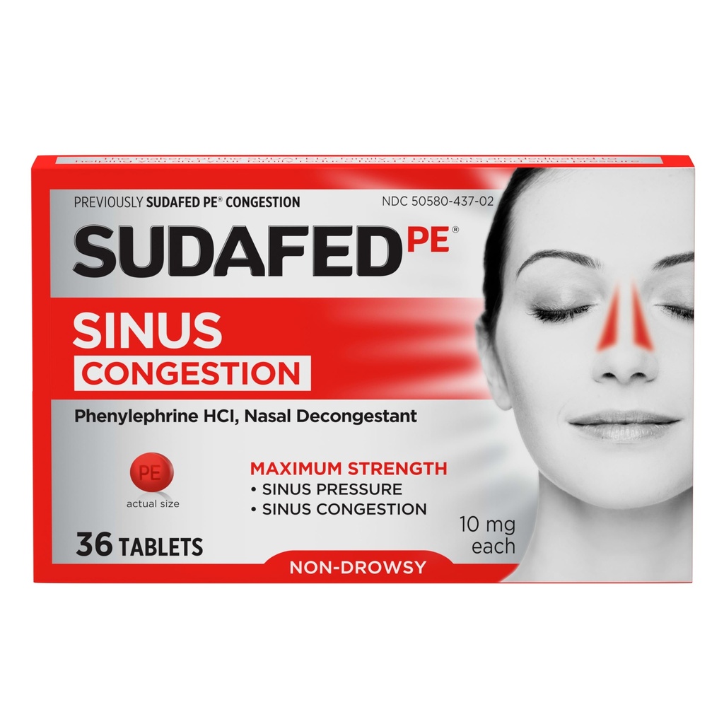 Comprimés Sudafed PE Sinus Relief, Résistance maximale, Non-Drowsy 10 mg Phénylephrine HCI Defongetant pour Sinus Pressure & Nasal Relief, En raison du froid ou des allergies, 36 ct