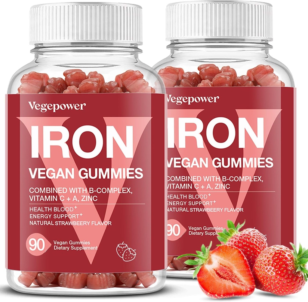 Eisen-Gummi-Ergänzungen für Frauen & Kinder - Multivitamin mit Eisen-Gummi für Blut-Sauerstoff, Große Tasting-Gummien mit Vitamin C für Max Absorption, Vegan-Schaubar(180 Zähler, Erdbeere)