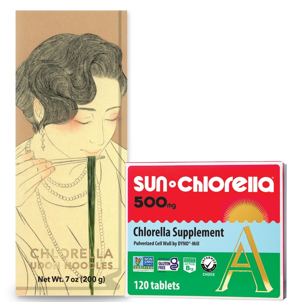 Sun Chlorella Green Goodness Bundle - 500mg Superfood, Non-GMO 120 Tabletten + Udon Noodles Chlorella, bereit zum Kochen, Vegan, Vegetarisch 7.8 Unze (4 Servierungen)