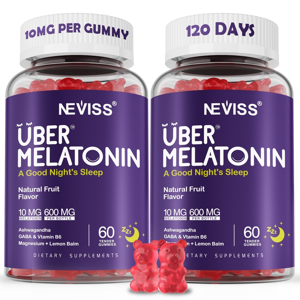 Mélatonine Gommies 10mg 20mg pour les adultes, Mélatonine 10 mg par Gummy avec Ashwagandha, Magnésium Glycinate, GABA, L-théanine, Valérien racine et baume de citron, Supplément de soutien de repos, Arôme de raisin, 2-Pack