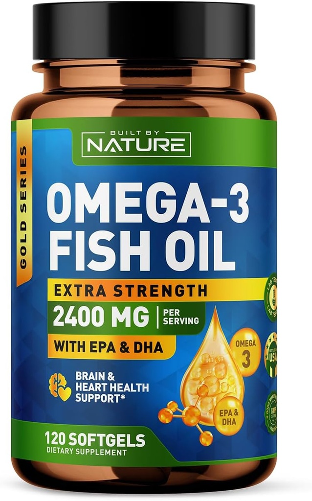 Erbaut von Nature Omega 3 Fish Oil Soft Gels - 2400 mg Fish Oil, 1440 mg Omega 3, 864 mg EPA, 576 mg DHA - Extra Strength Brain & Heart Health Support Supplement - 120 Softgels