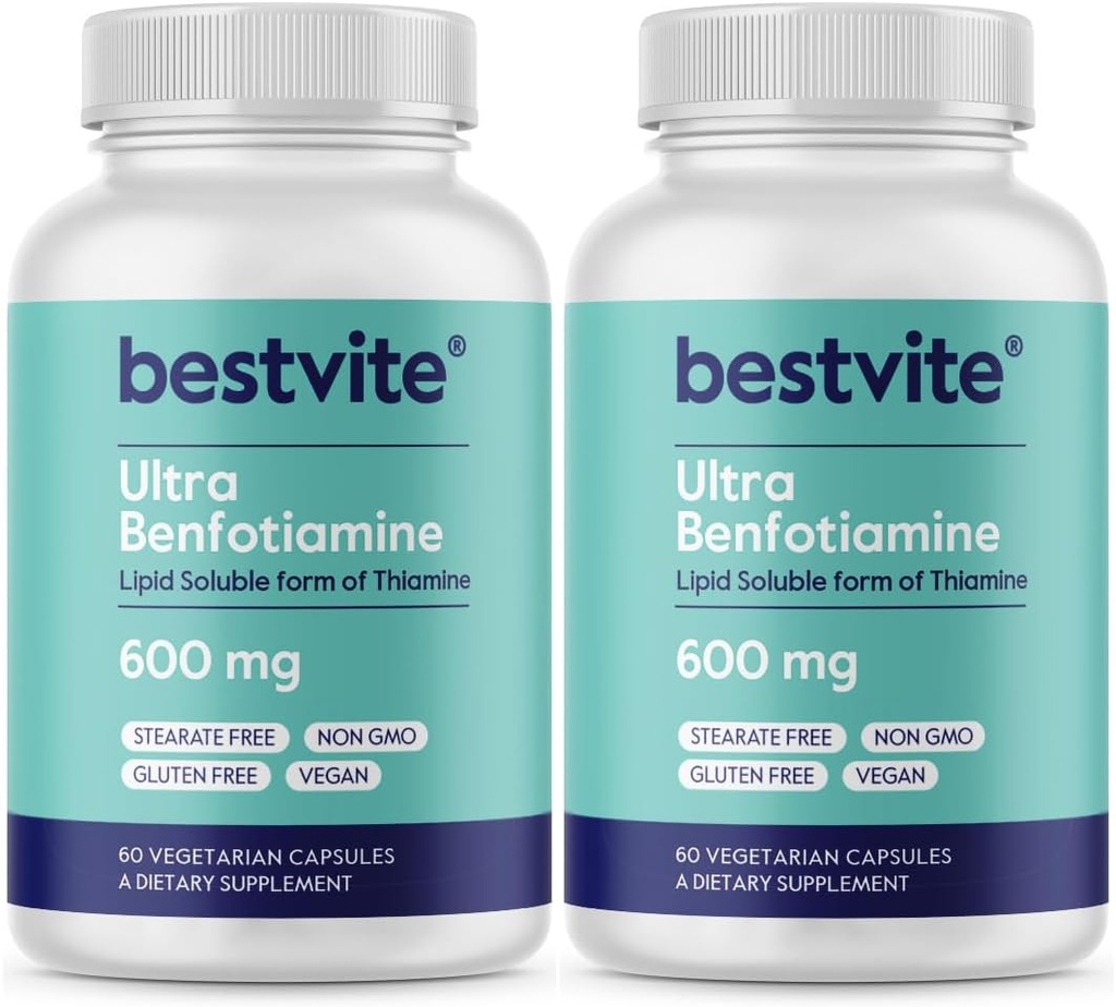 Ultra Benfotiamin 600mg pro Kapsel (120 vegetarische Kapseln) (60x2) No Stearates - No Silicon Dioxide - Vegan - Non GMO - Glutenfrei - Maximum Strength Benfotiamine