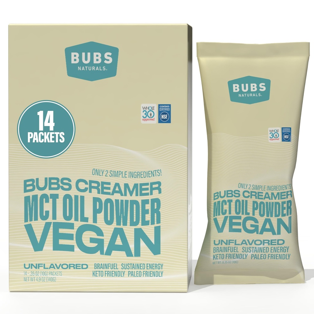 BUBS Naturals MCT Powder Packets - Triglycérides à chaîne moyenne - Keto Vegan & Paleo Friendly - Graisses de noix de coco saines + faible teneur en glucides - source d'énergie sans lait - comprend 14 packets de voyage