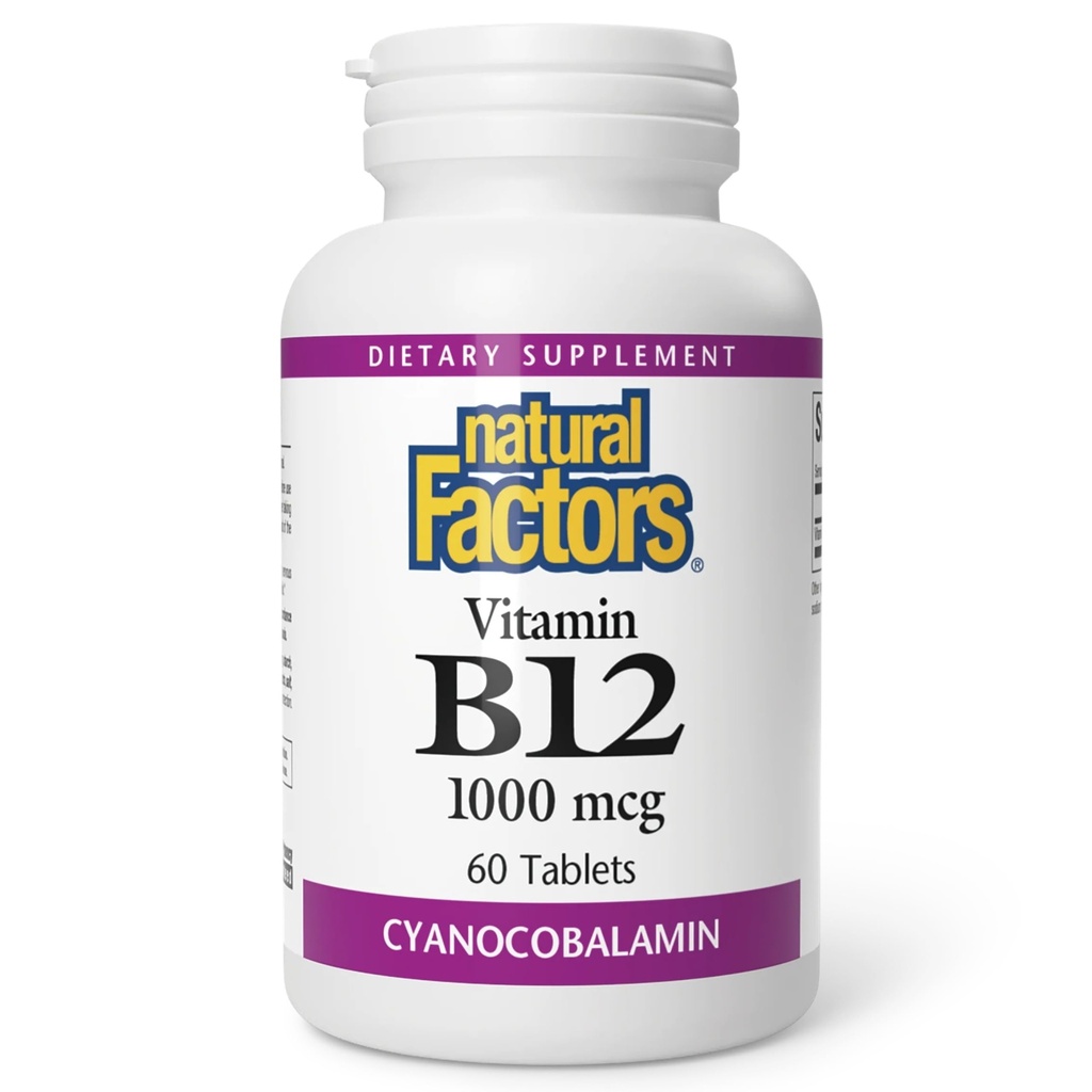 Facteurs naturels, Vitamine B12 Cyanocobalamine 1000 mcg, Soutienne l'énergie et la production de globules rouges, 60 comprimés (60 portions)