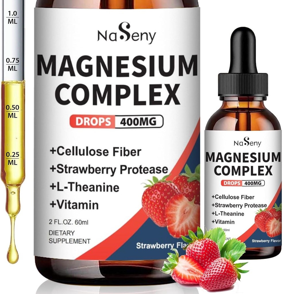 Magnesium Glycinat Flüssigkeit 400mg, hohe Absorption Magnesium Complex supplemen mit Vitamin B6, D, C Schlaf zu unterstützen, Muskel, Nerve Gesundheit, Non-GMO Gluten Free Vegan (2 Fl Oz/Strawberry)