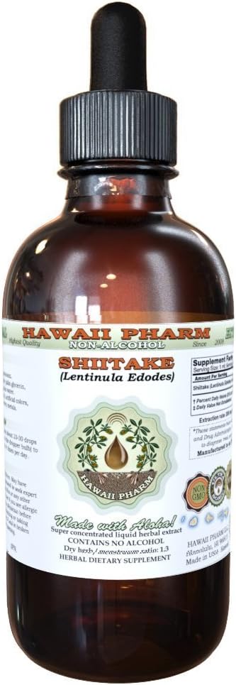 Extrait liquide sans alcool Shiitake, shiitake biologique (Lentinula Edodes) Champignon séché Glycérite supplément à base de plantes naturelles, Hawaii Pharm, États-Unis 2 fl.oz