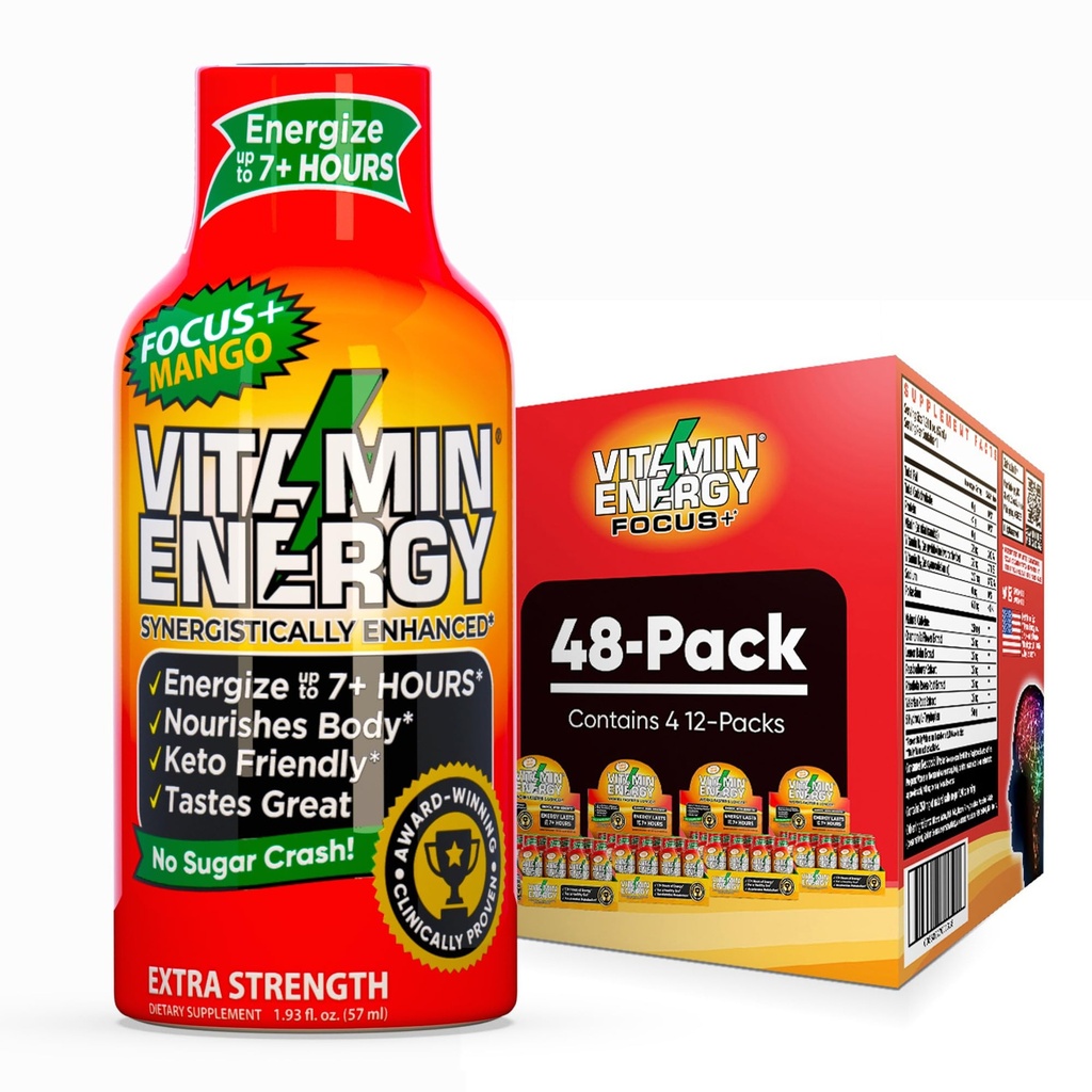 Vitamin Energy Focus+ Extra Strength Energy Shot Mango 48 Pack, 260mg Natürliche Koffein, B-Vitamine, CoQ10, Aminosäuren, Fokus, Produktivität & Clarity, Zero Sugar, Glutenfrei, 1,93 fl oz