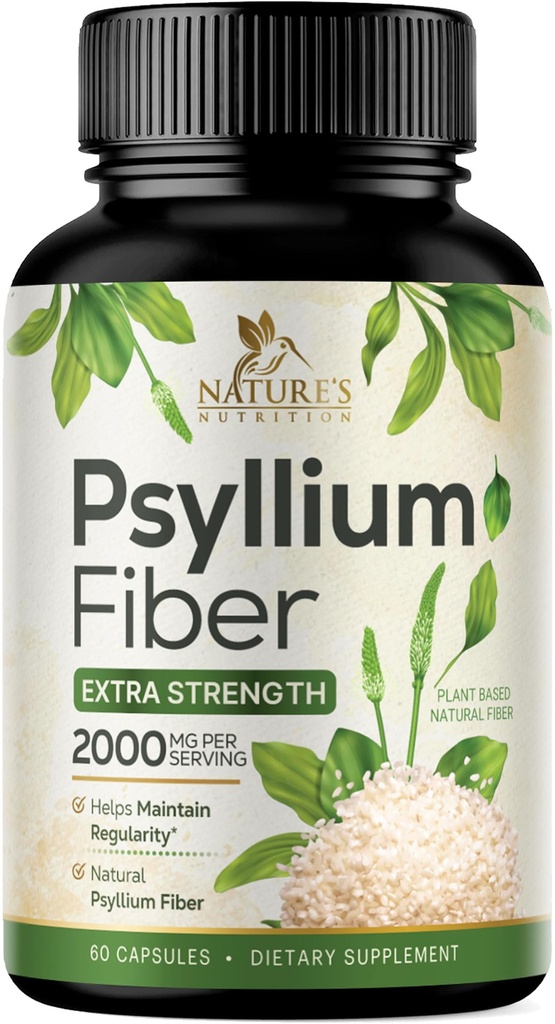 Psyllium Husk Poudre Capsules 2000mg, Natural Daily Soluble & Insoluble Fibre Pills, Psyllium Husk Fibre Supplément Soutient Digestion Colon Santé et régularité, Supplément à base de plantes - 60 Capsules
