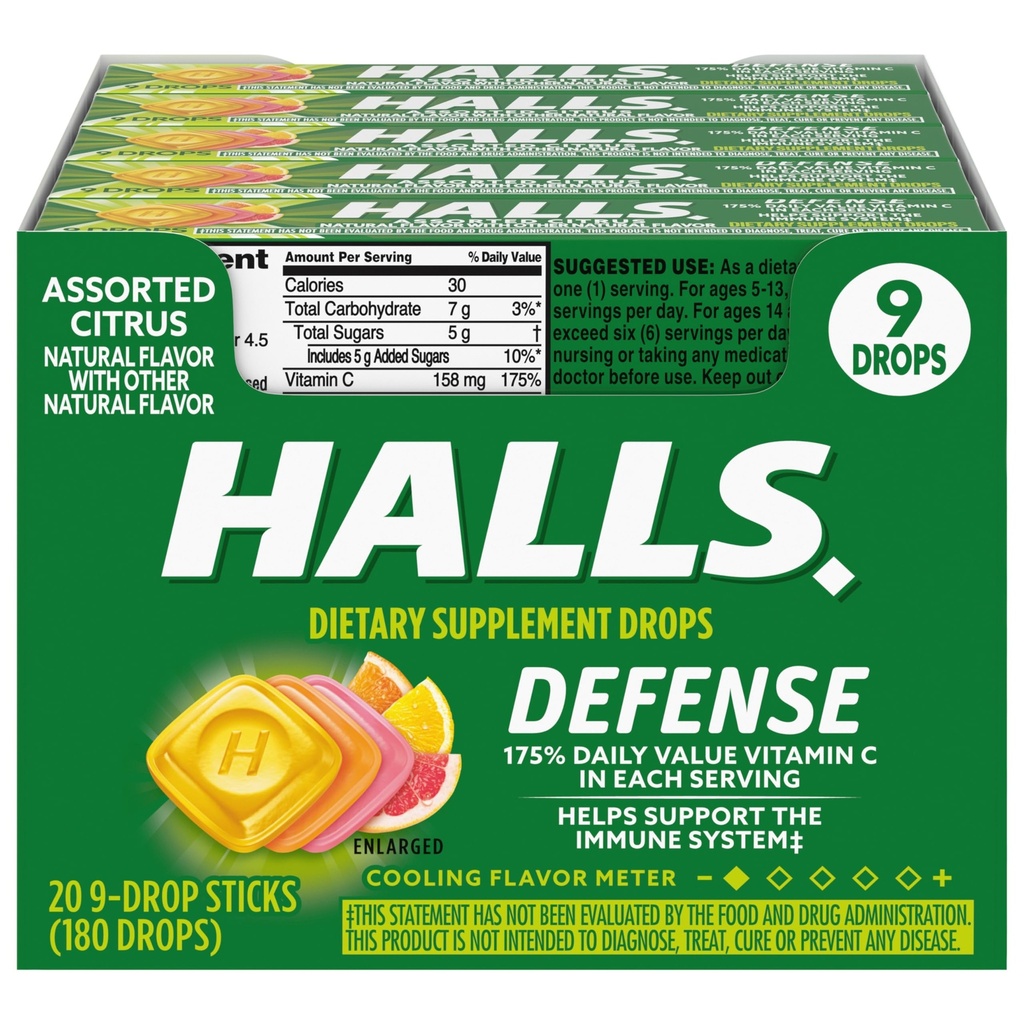 HALLS Verteidigung sortierte Citrus Vitamin C Tropfen, 20 Sticks von 9 Tropfen (180 Gesamttropfen)